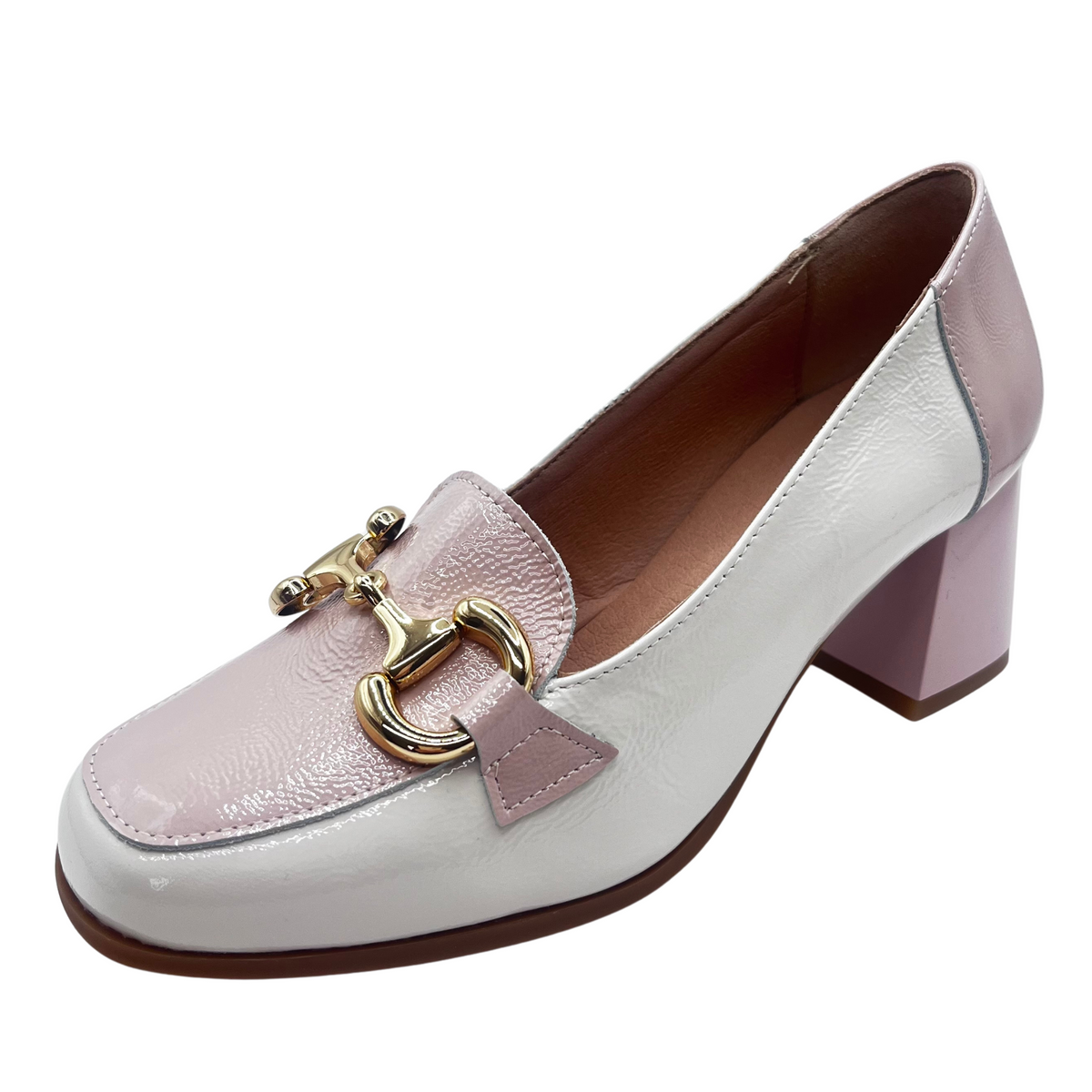 Pitillos Pink and Cream Block Heel Patent Loafer