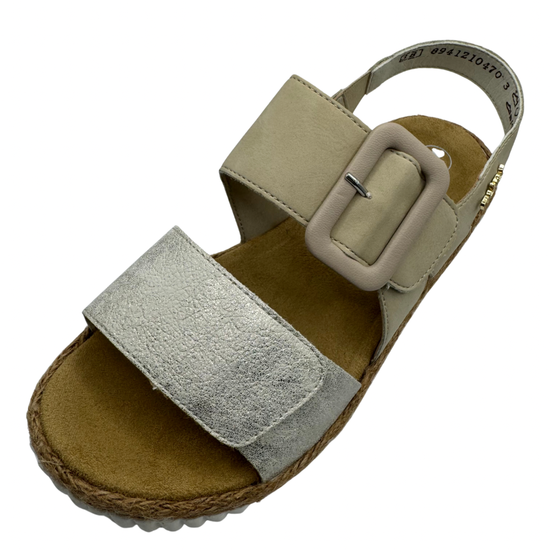 Rieker Beige &amp; Silver Wedge Sandals with Velcro Straps