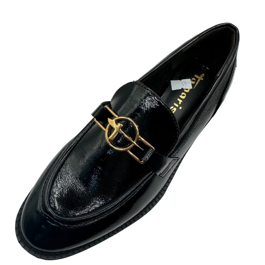 Tamaris Black Patent Loafers with Gold Detail