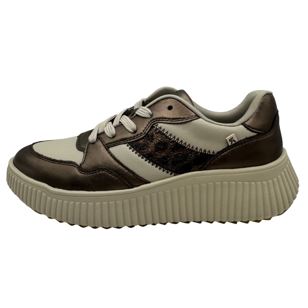 Rieker Beige, Bronze &amp; Leopard Print Wedged Platform Trainers