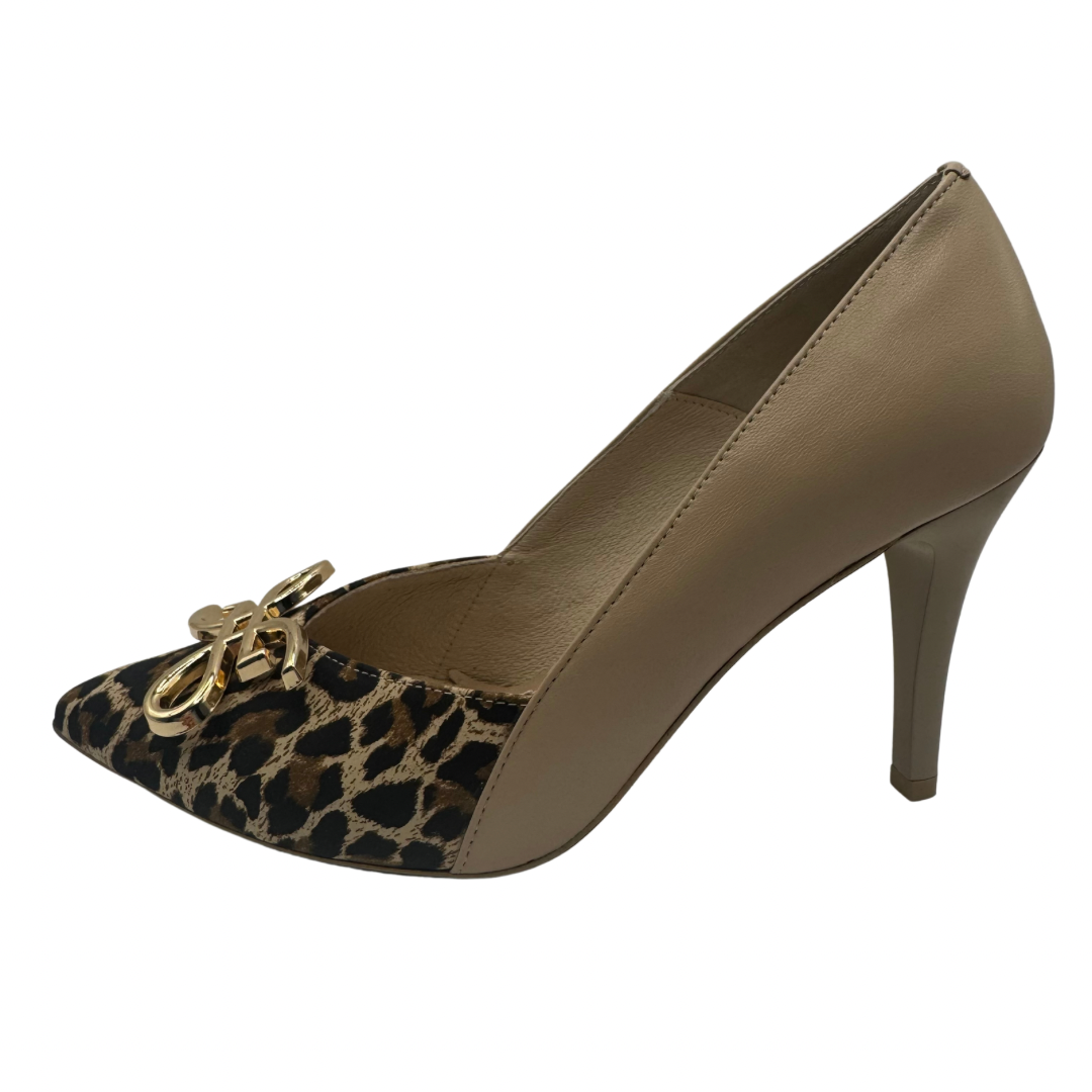 Emis Nude &amp; Leopard Print Heels with Gold Detail