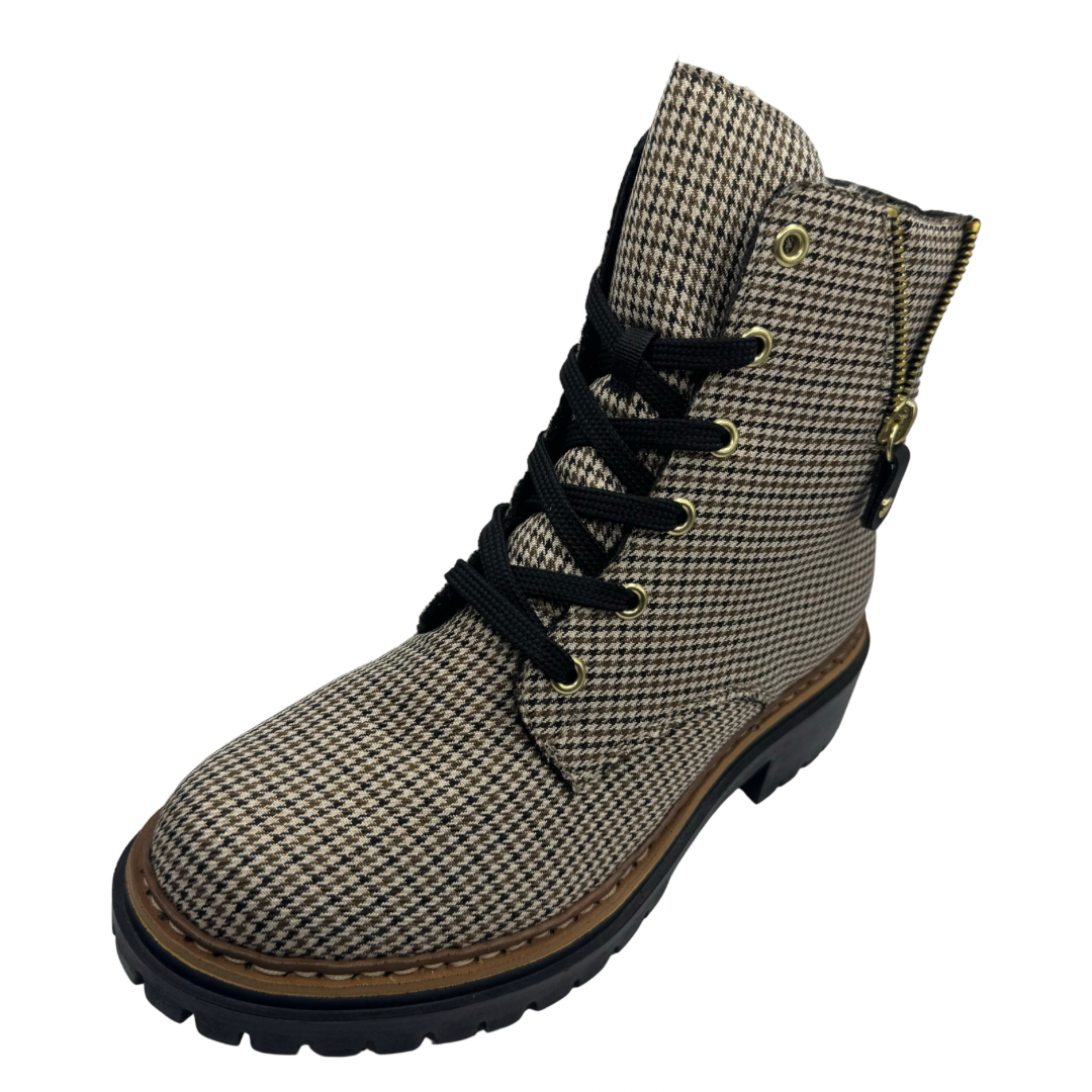 Rieker Beige Dogtooth Patterned Boots with Fleece Lining