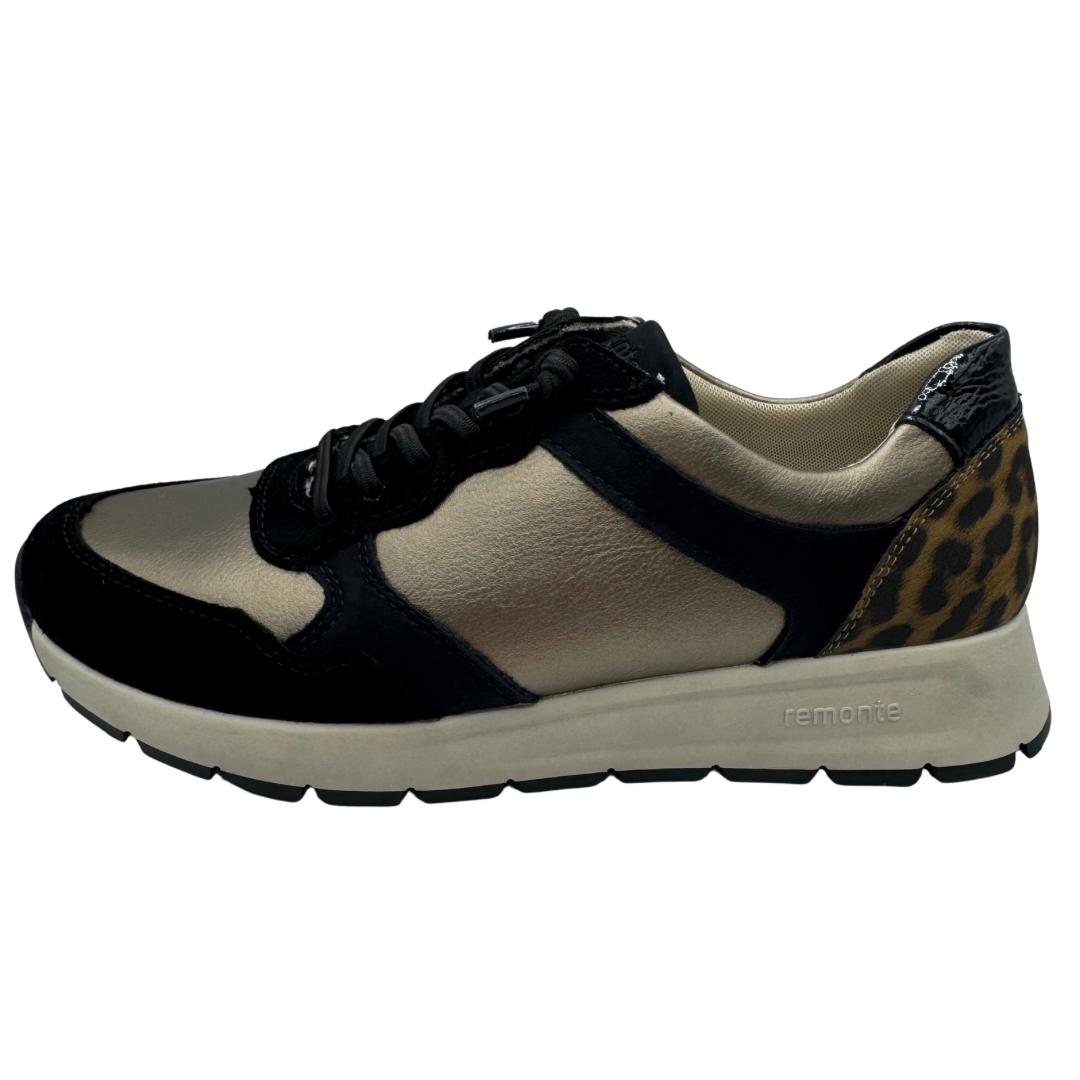 Remonte Black &amp; Gold Trainers with Elasticated Laces and Leopard Print Detail