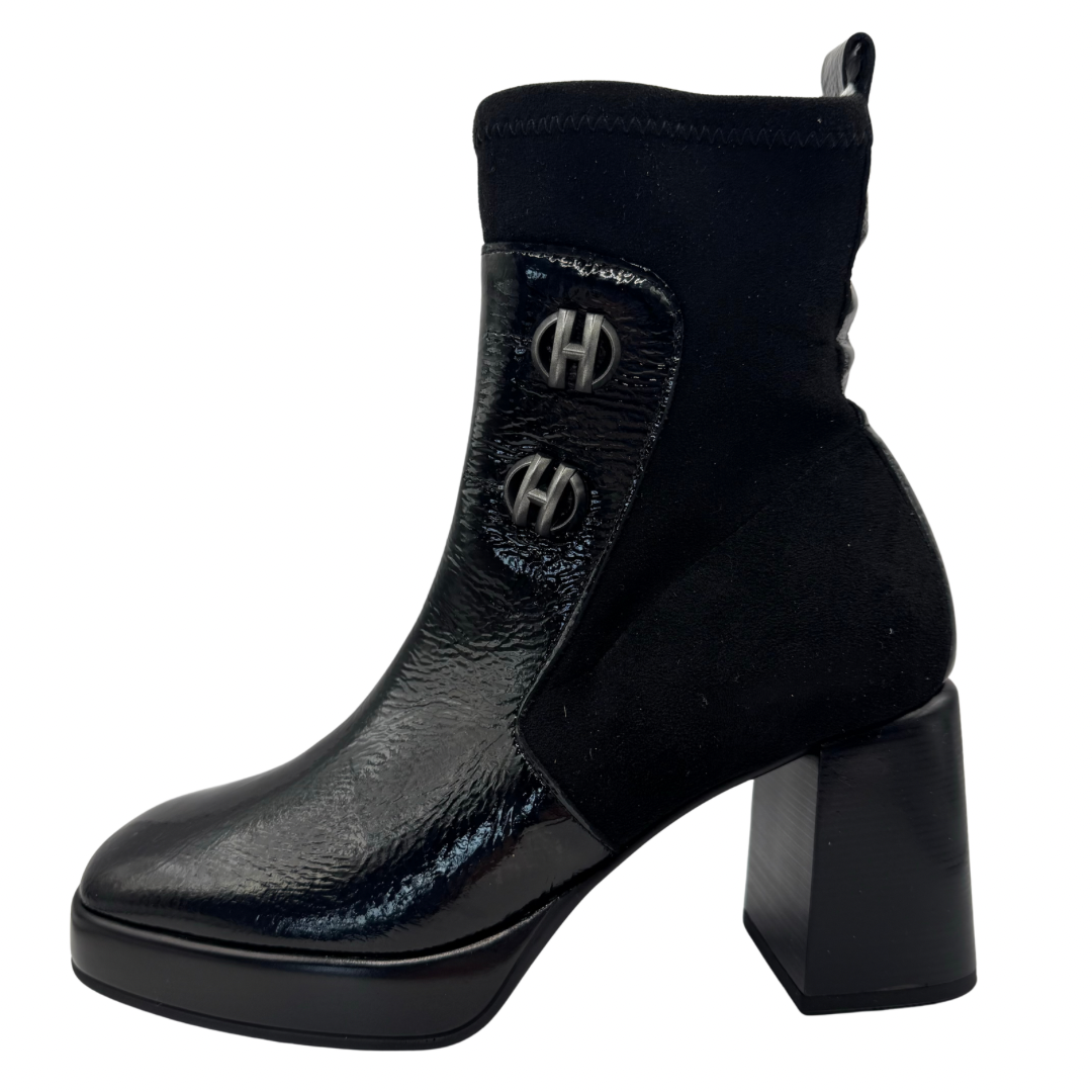Hispanitas Black Heeled Boots with Patent and Button Detail
