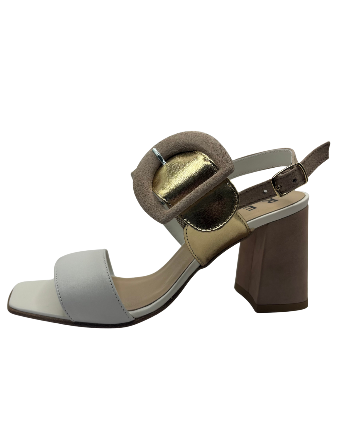 Repo Nude and White Heel with Gold Buckle