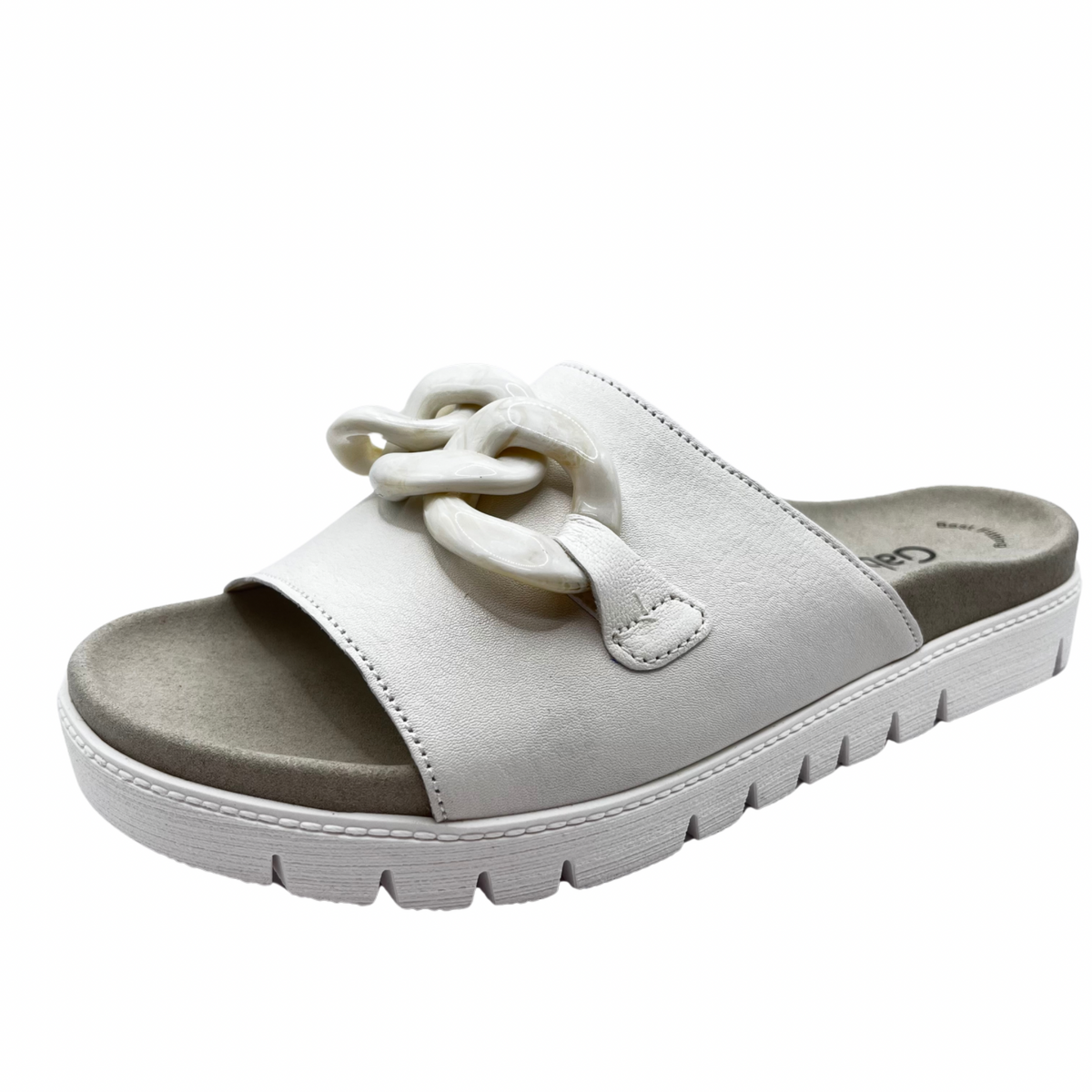 Gabor White Leather Slider Sandal With Chain
