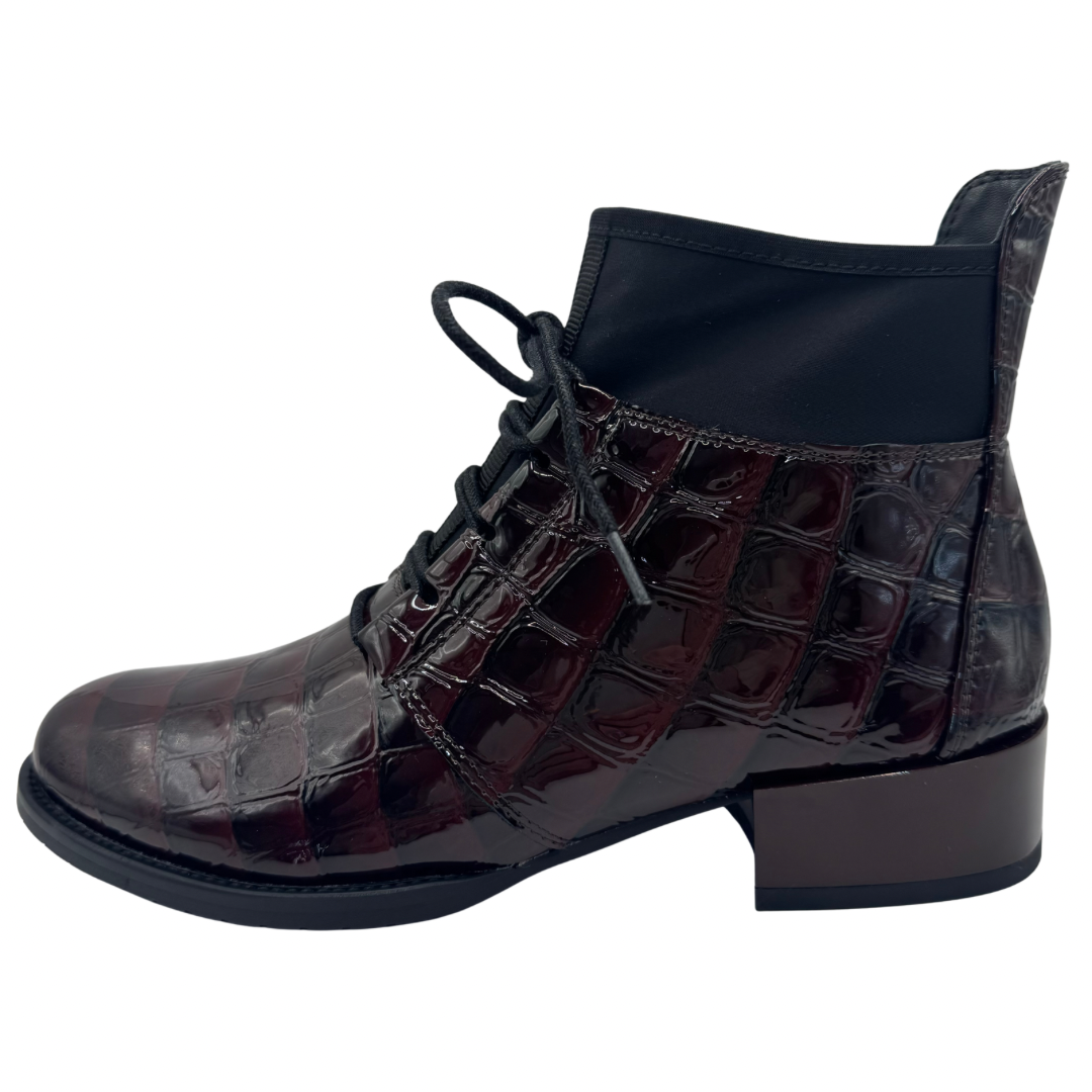 Loretta Vitale Wine Boots with Patent Croc Detail &amp; Laces