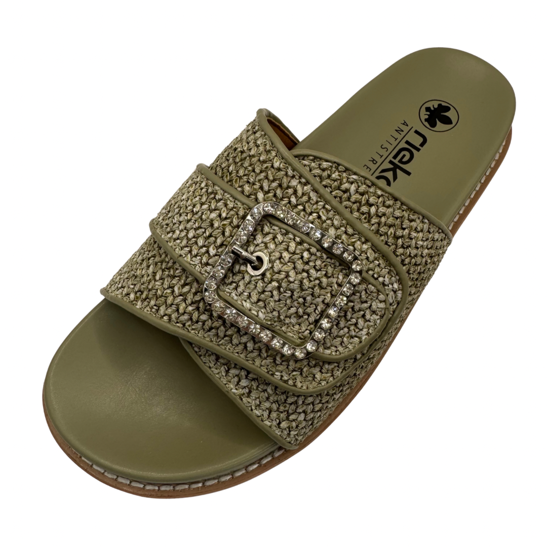 Rieker Green Woven Slip On Sandals with Diamanté Buckle Detail