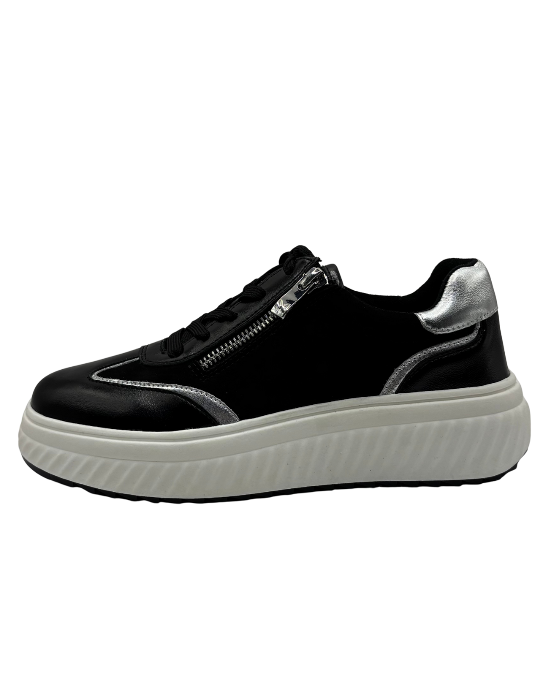 Caprice Black Platform Trainer with Silver Detail