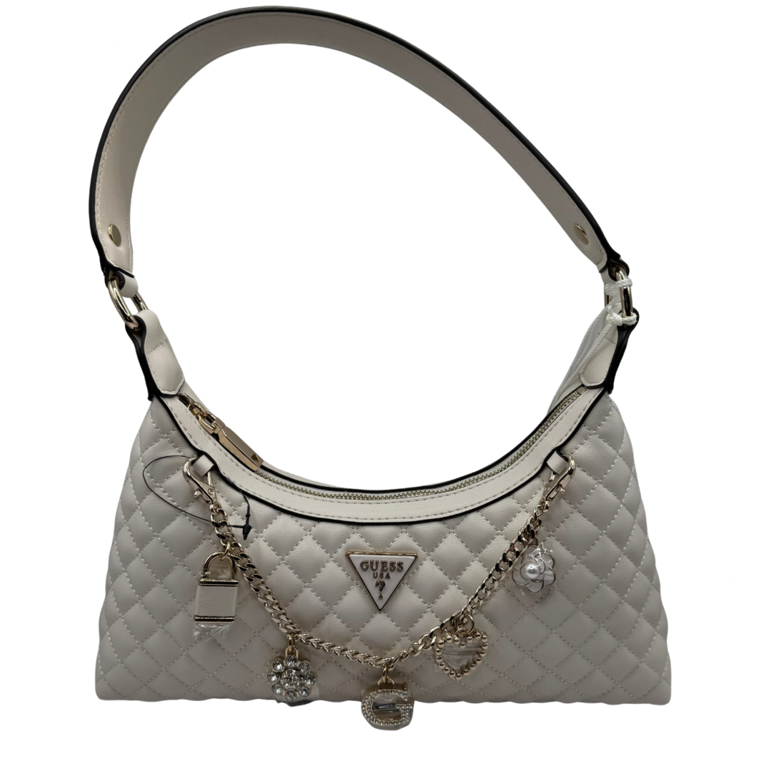 Guess Off White Quilted Shoulder Bag with Charm Detail