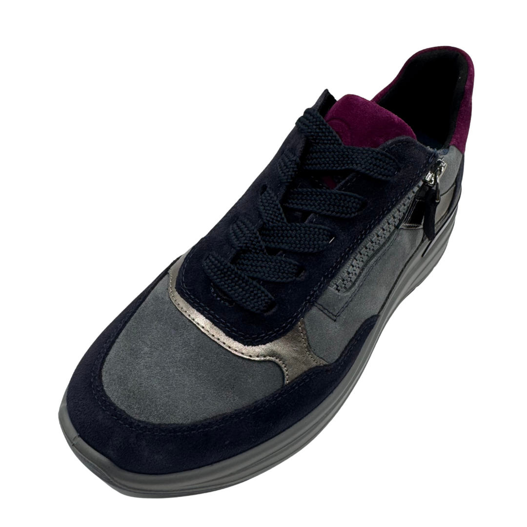 Ara Navy &amp; Grey Trainers with Purple Detail