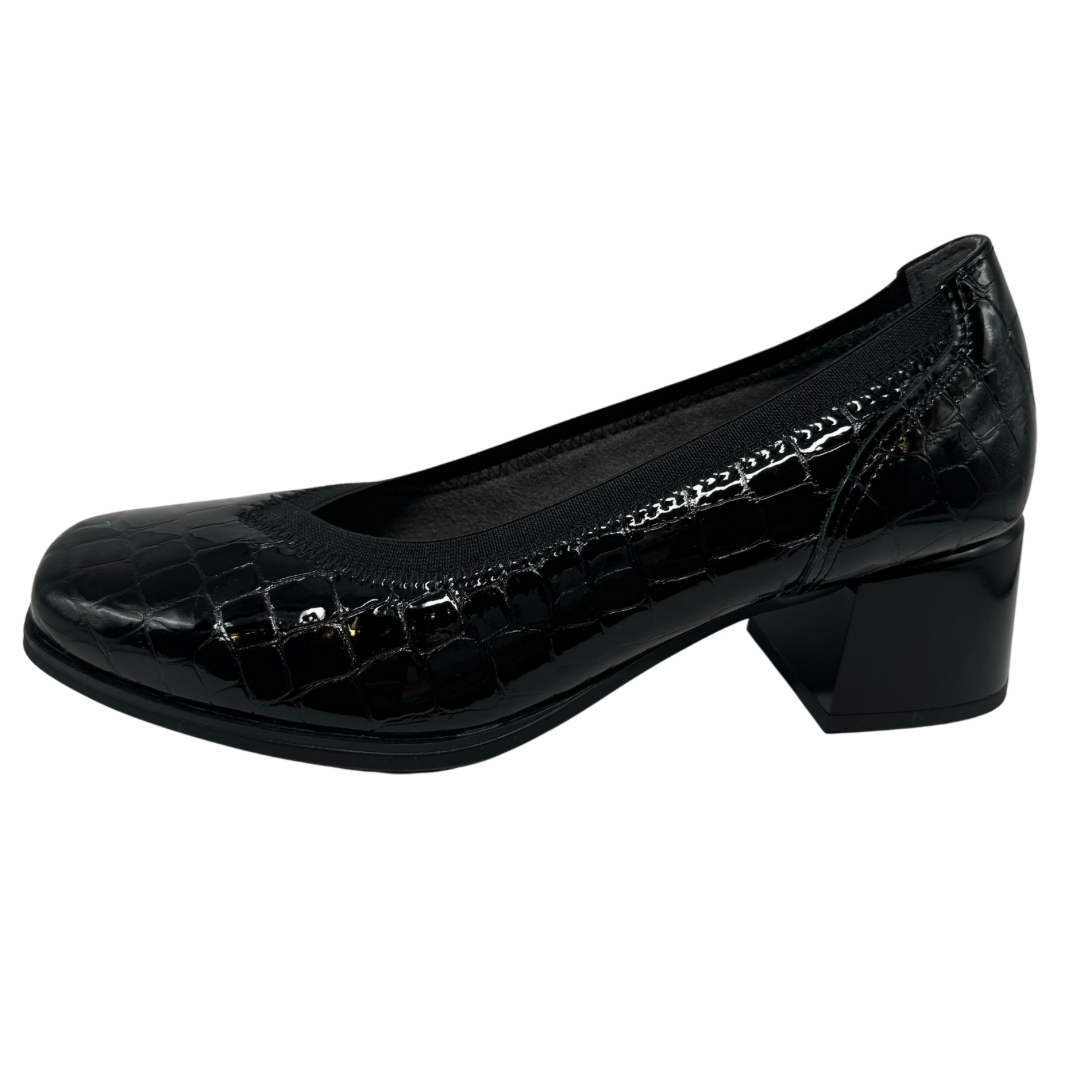 Pitillos Black Patent Croc Print Block Heel