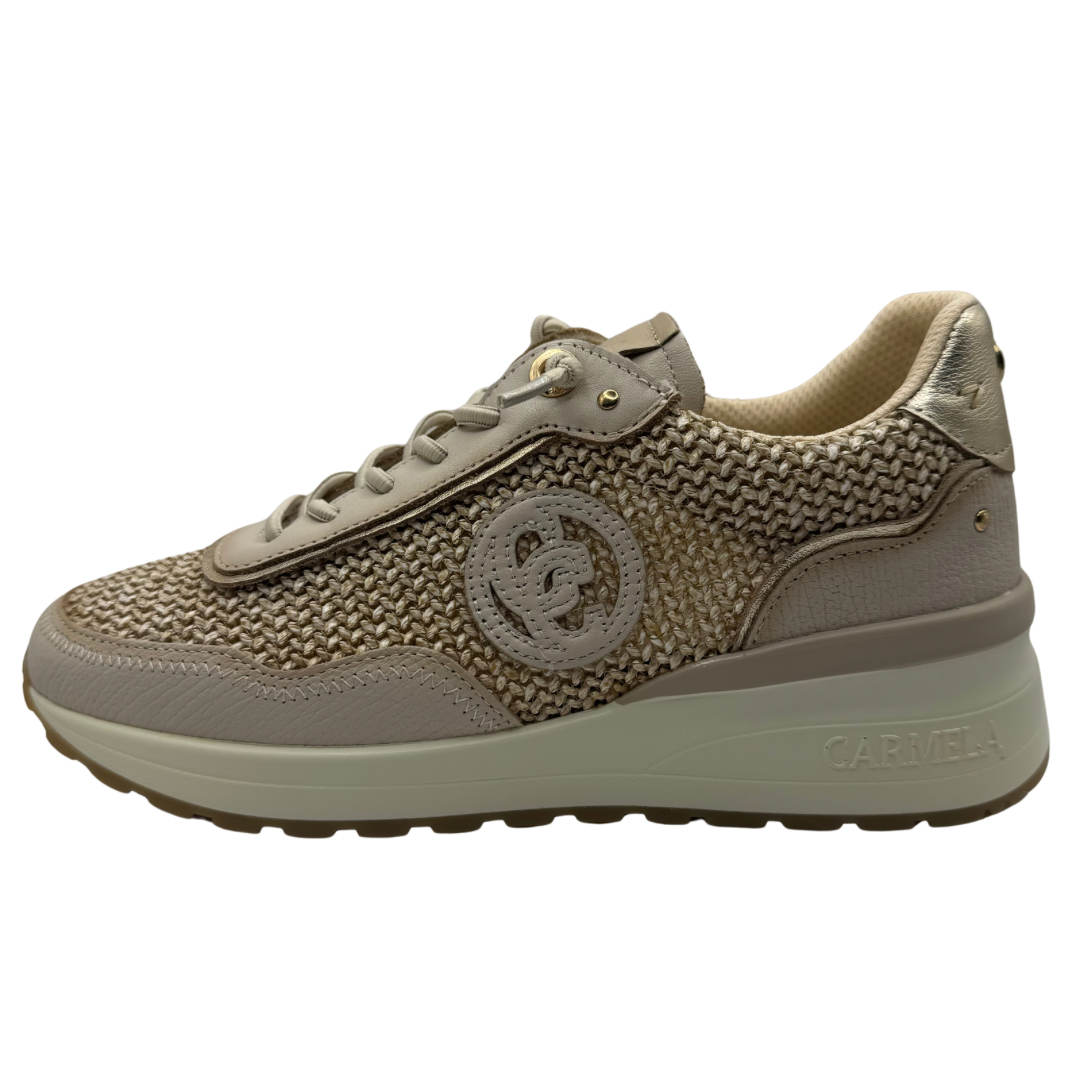 Carmela Beige &amp; Woven Trainers with Elasticated Laces