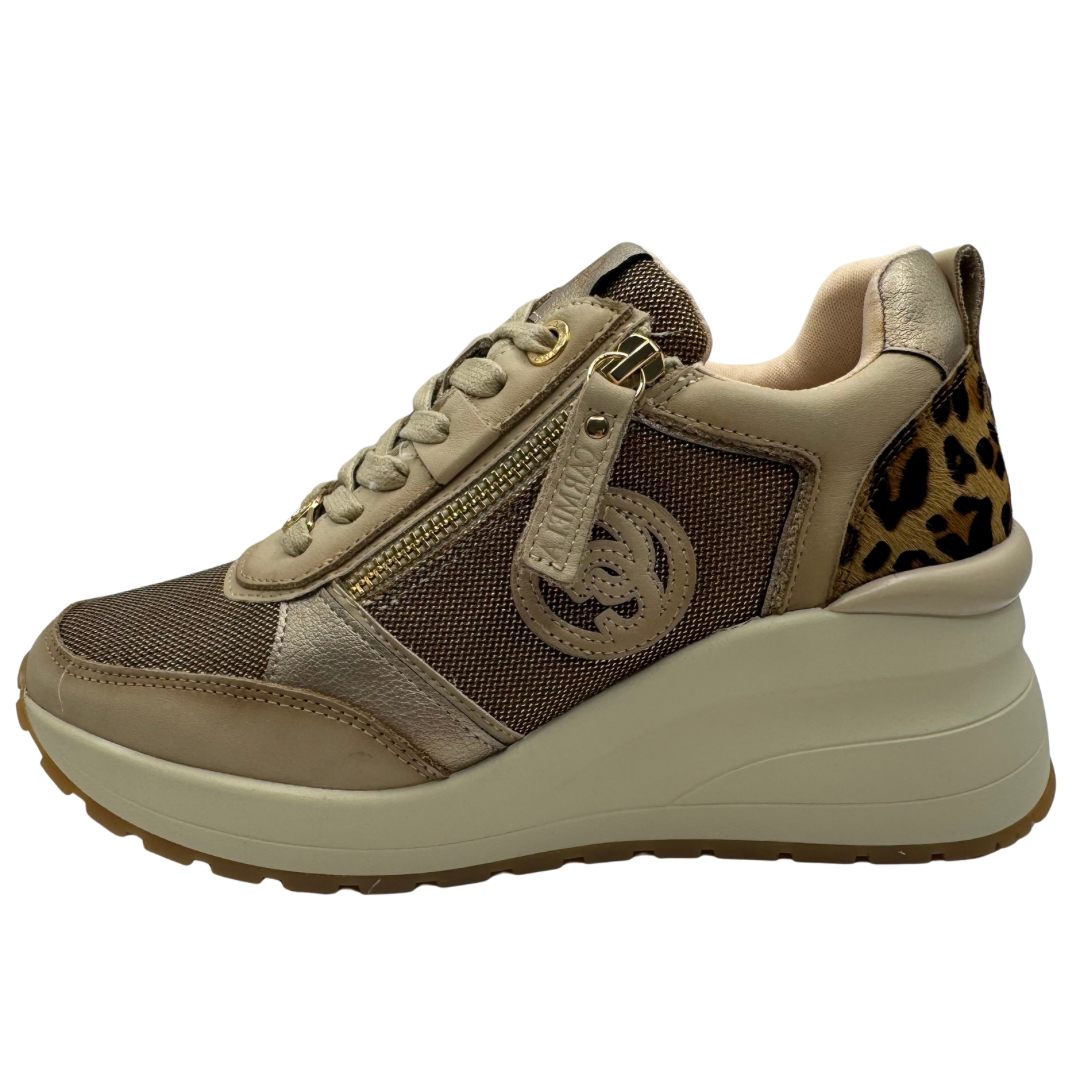 Carmela Beige High Wedge Trainers