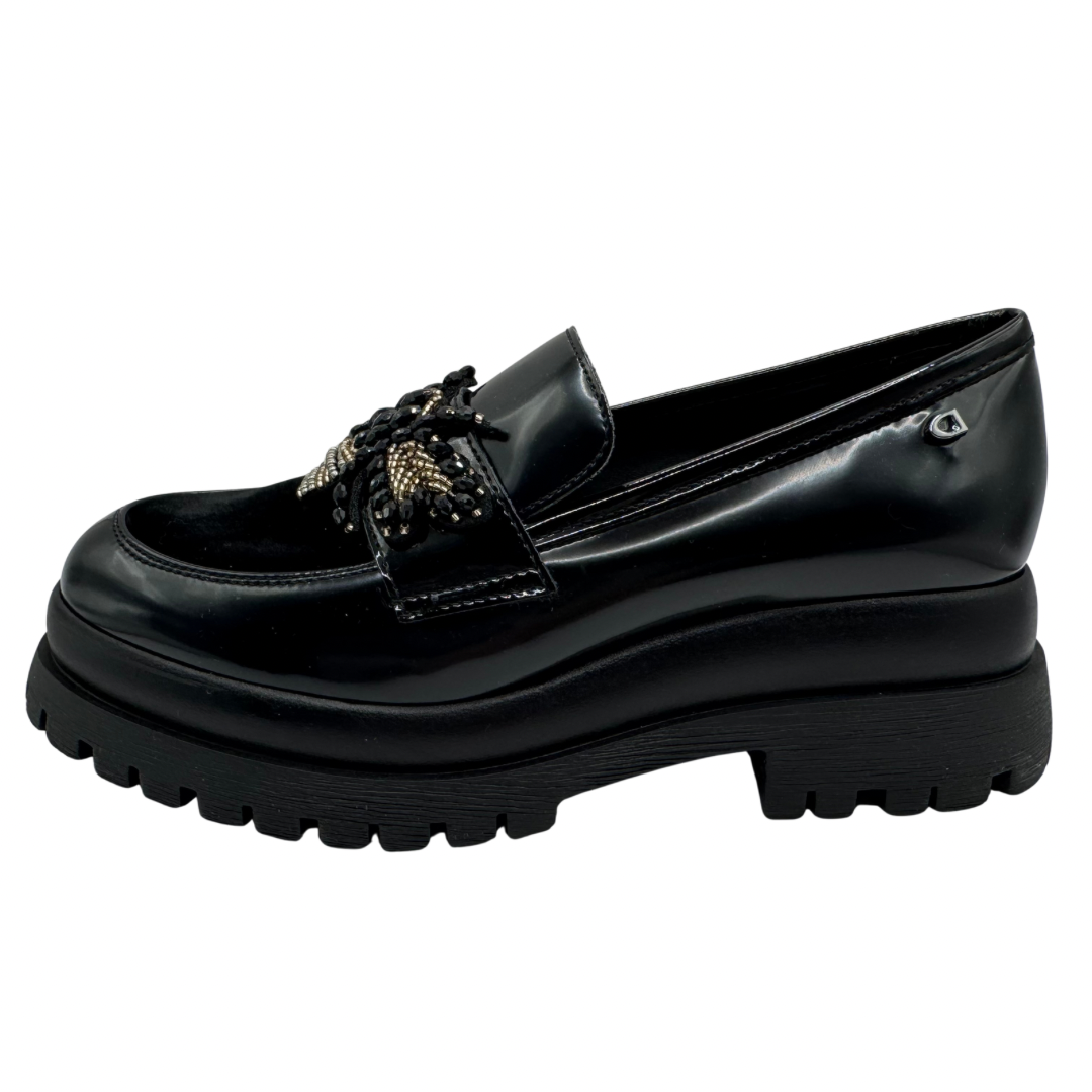 Donna Serena Black Loafers with Bee Detail