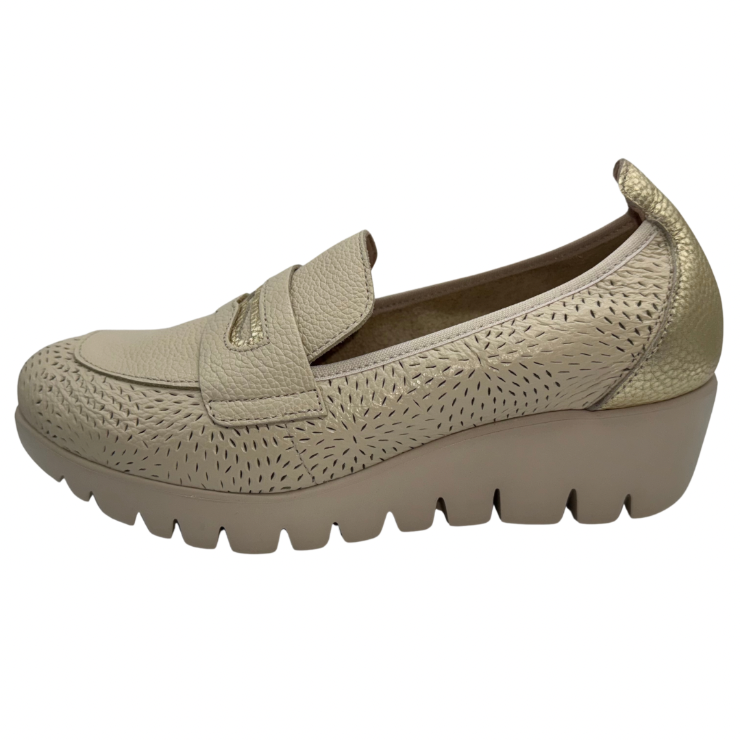 Wonders Cream Perforated Wedge Loafers