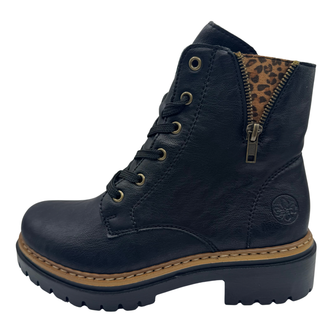 Rieker Black Boots with Leopard Print Detail and Fleece Lining