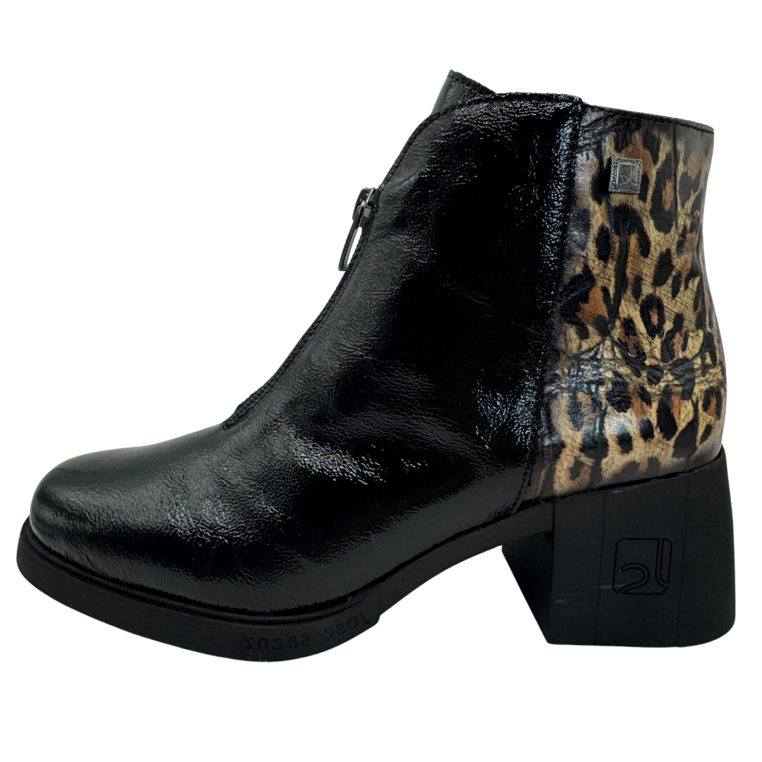 Jose Saenz Black &amp; Leopard Print Patent Heeled Boots