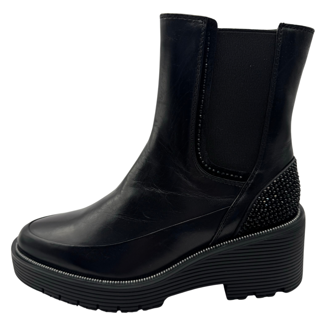 Regarde Le Ciel Black Wedge Leather Boots with Diamanté Detail