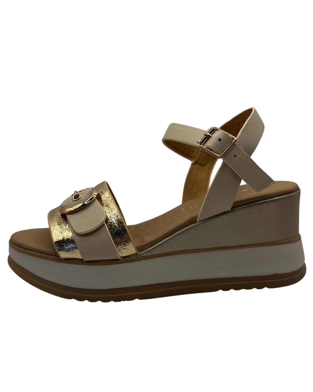 Repo Cream and Gold Wedged Sandal with Buckle