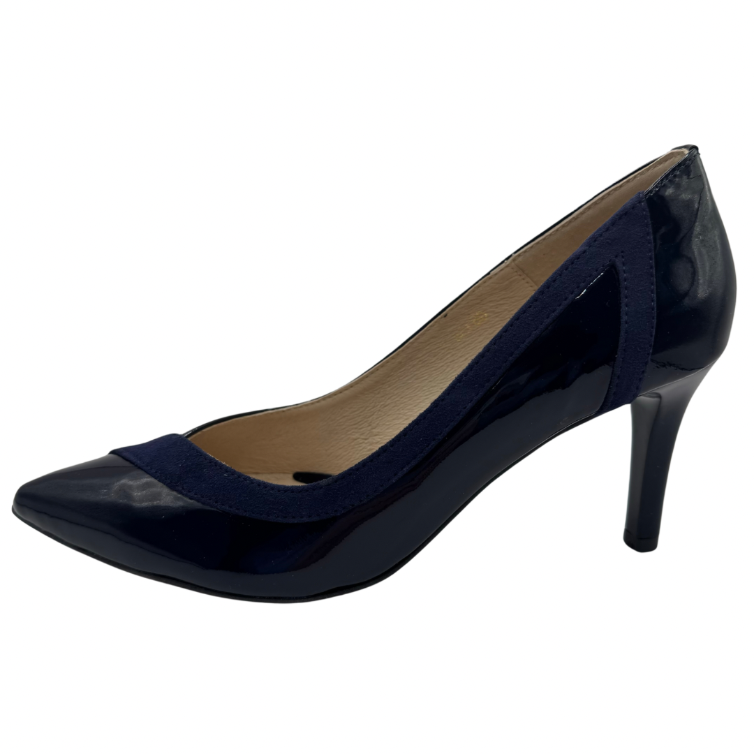 Emis Navy Patent Heels with Suede Detail