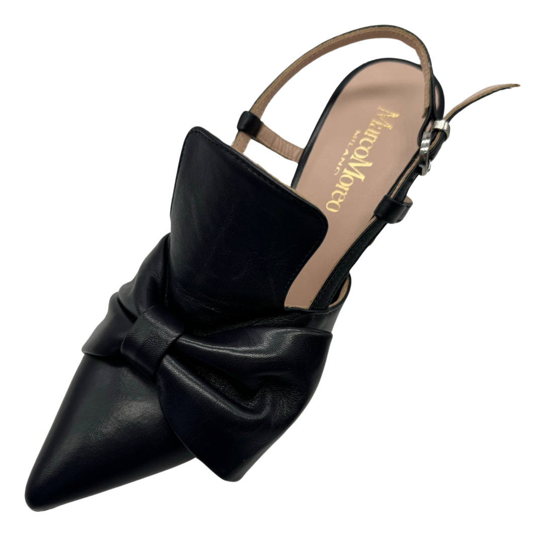 Marco Moreo Navy Low Leather Heel with bow detail