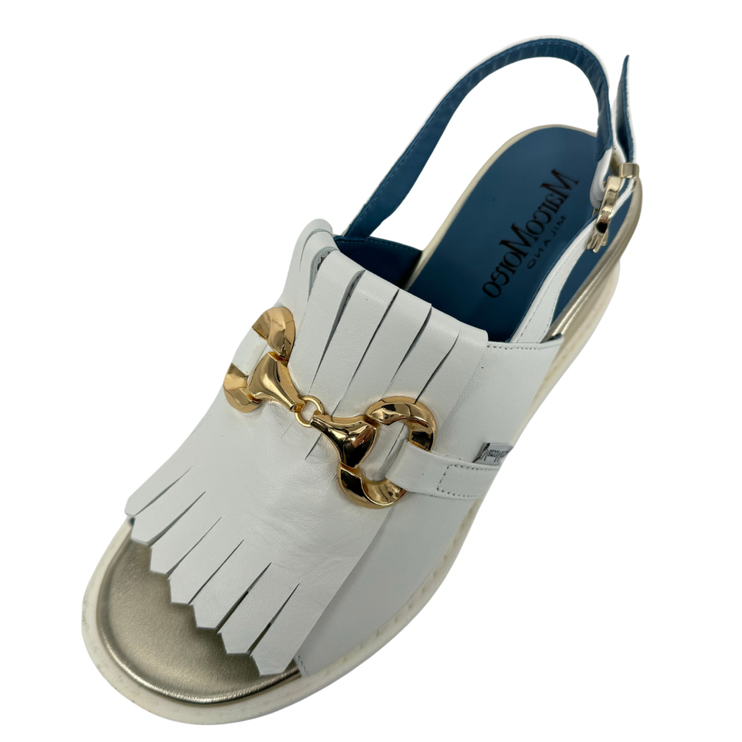 Marco Moreo White Leather Slingback Wedge with Gold Detail