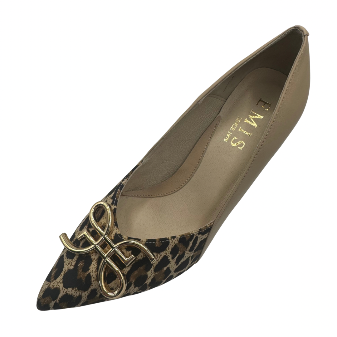 Emis Nude &amp; Leopard Print Heels with Gold Detail