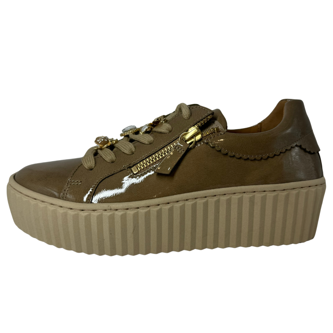 Gabor Beige Patent Trainers with Gems on Laces