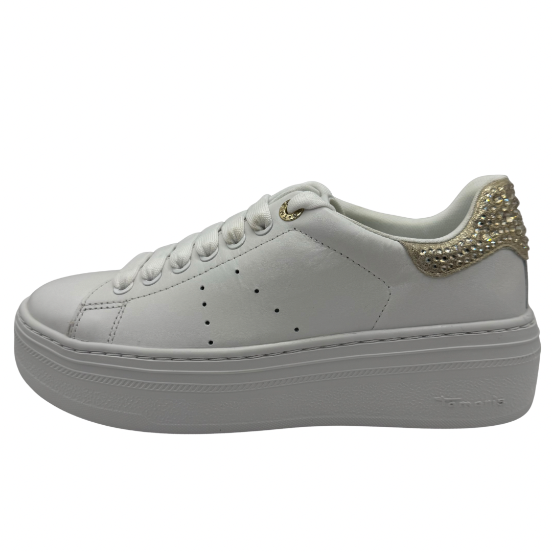 Tamaris White Platform Trainers with Champagne Detail