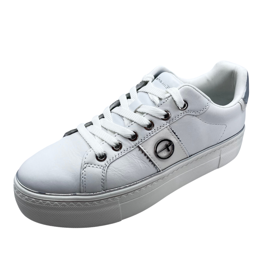Tamaris White Leather Trainer With Silver Details