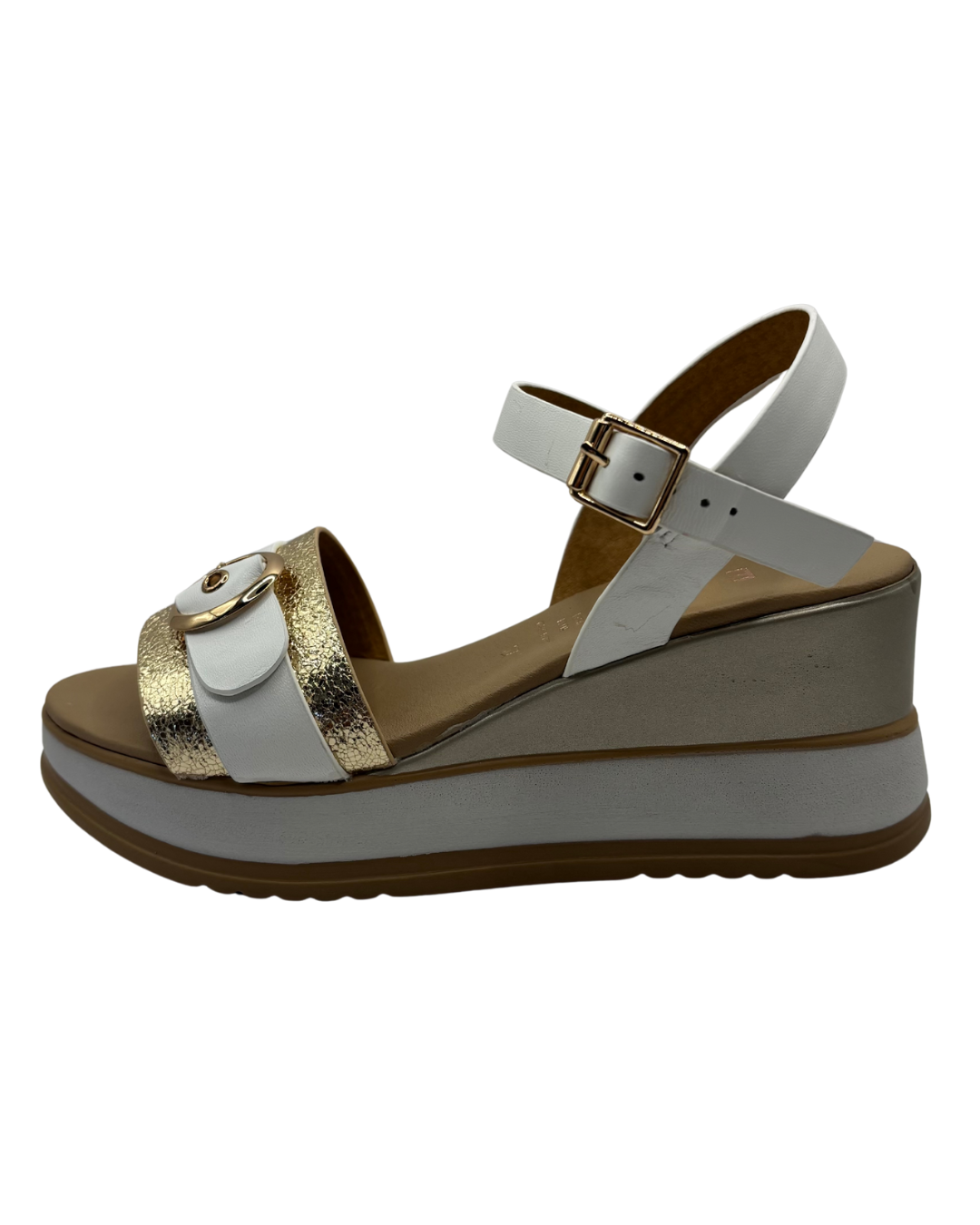 Repo White and Gold Wedged Sandal with Buckle