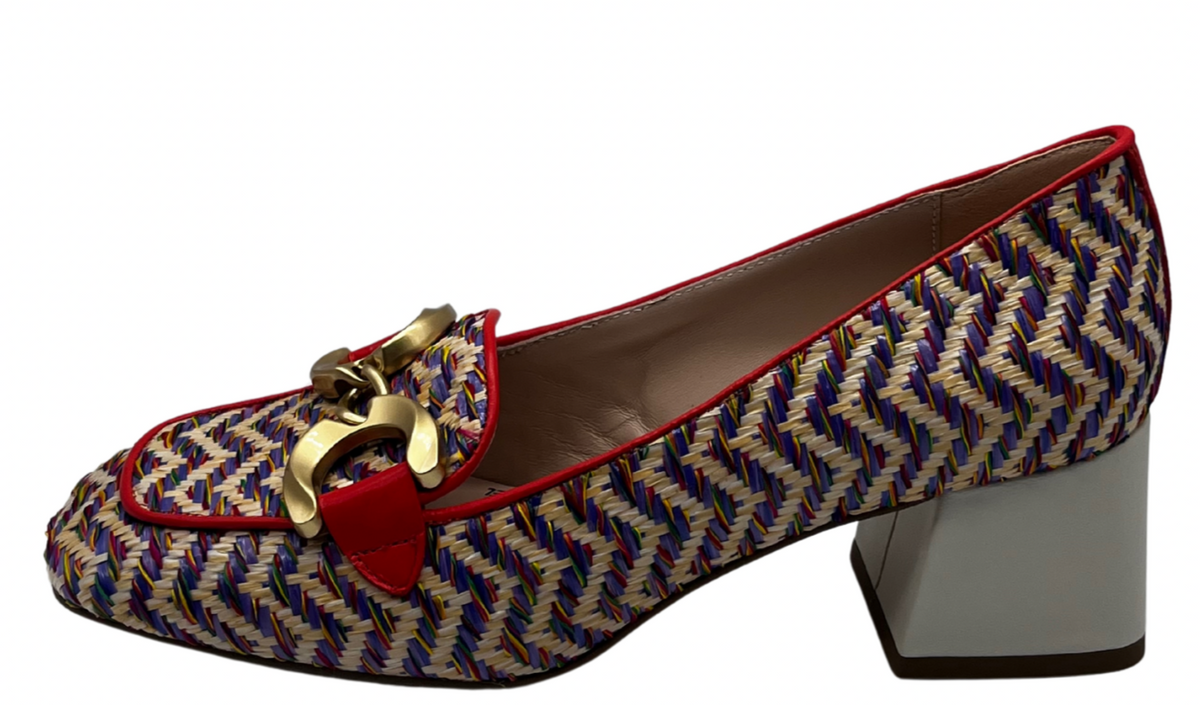 Marian Multi Colour Block Heel Tweed Loafer With Chain Detail