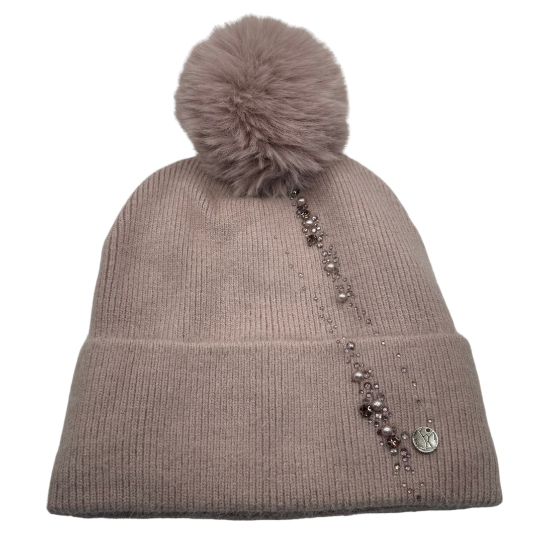 Dusty Pink Bobble Hat with Diamantés