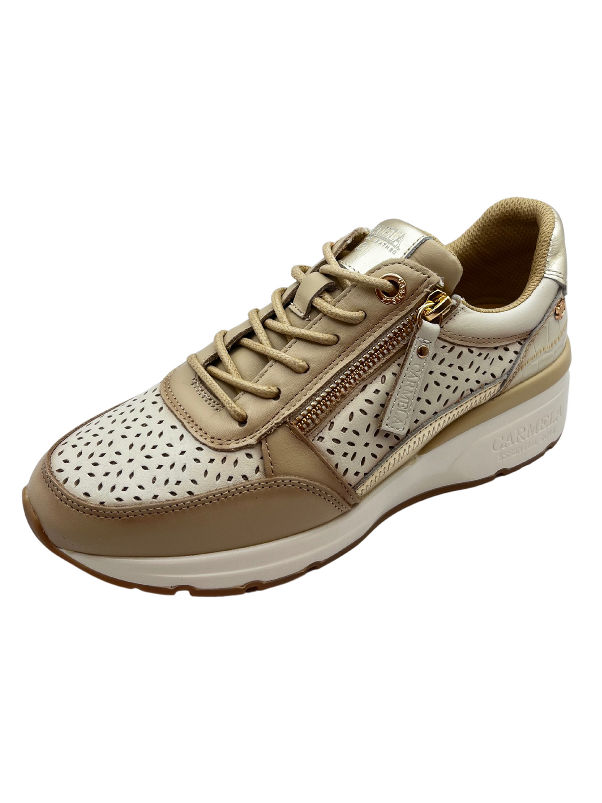 Carmela Beige and Gold Perforated Trainers With Side Zip