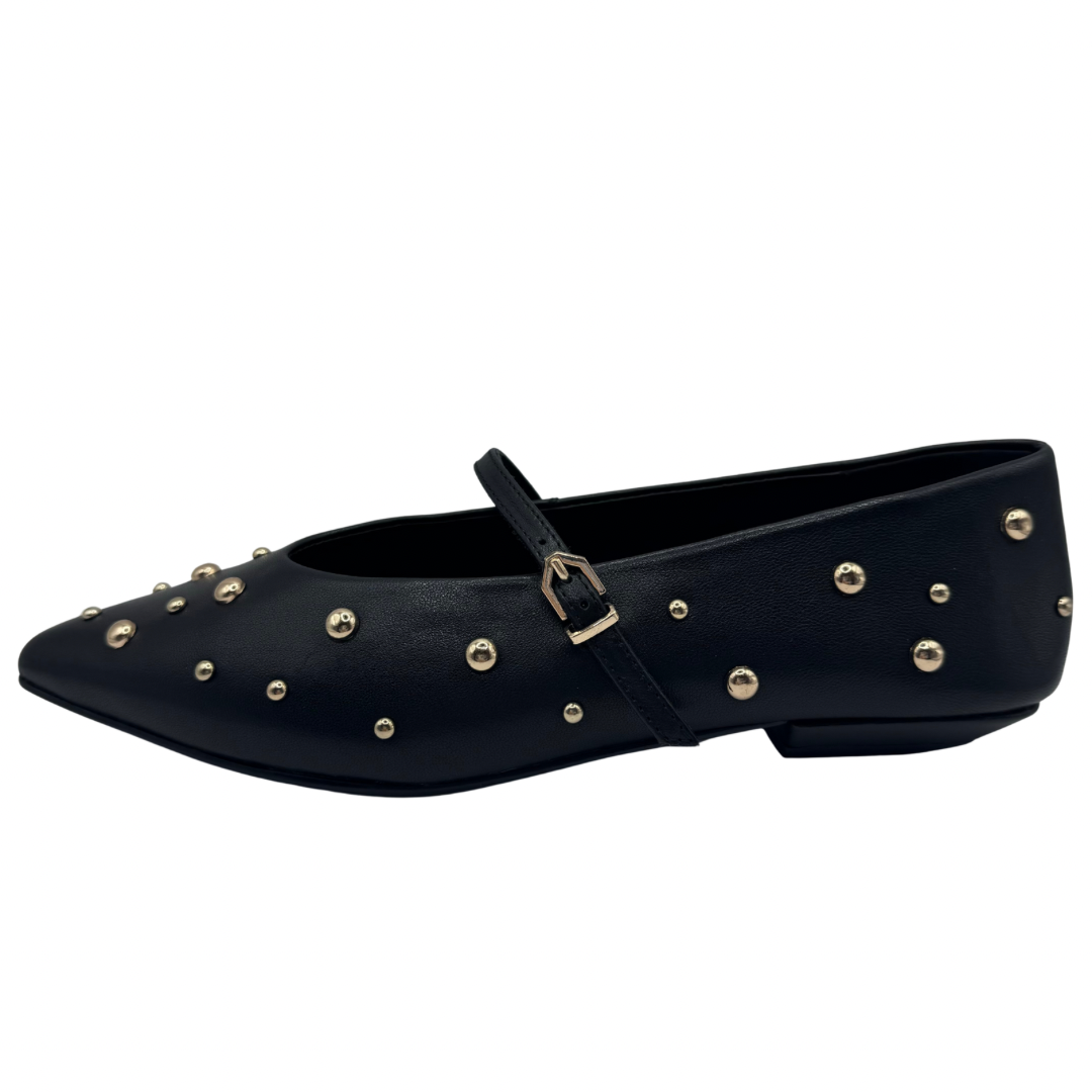 Pedro Anton Black Shoe with Buckle Strap and Gold Stud Detail