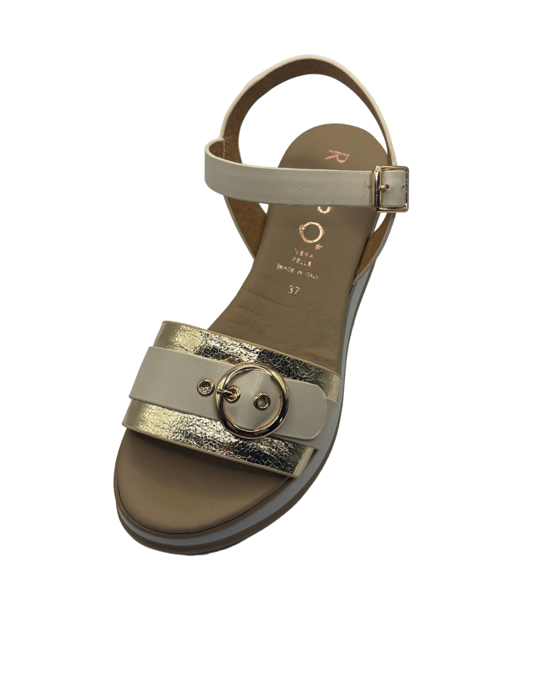 Repo Cream and Gold Wedged Sandal with Buckle
