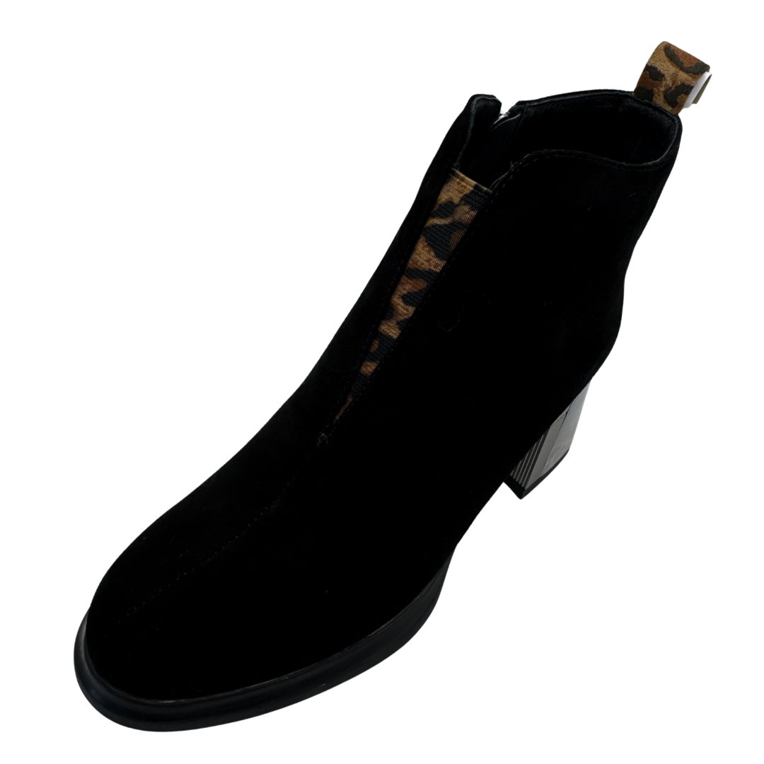 Loretta Vitale Black Suede Heeled Boots with Leopard Print Detail