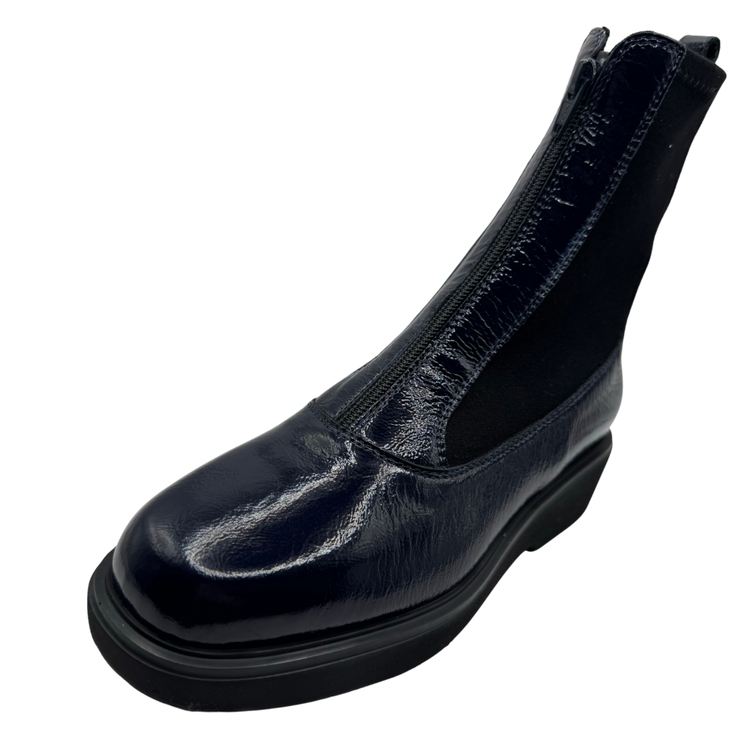 Unisa Navy Patent Boots with Front Zip