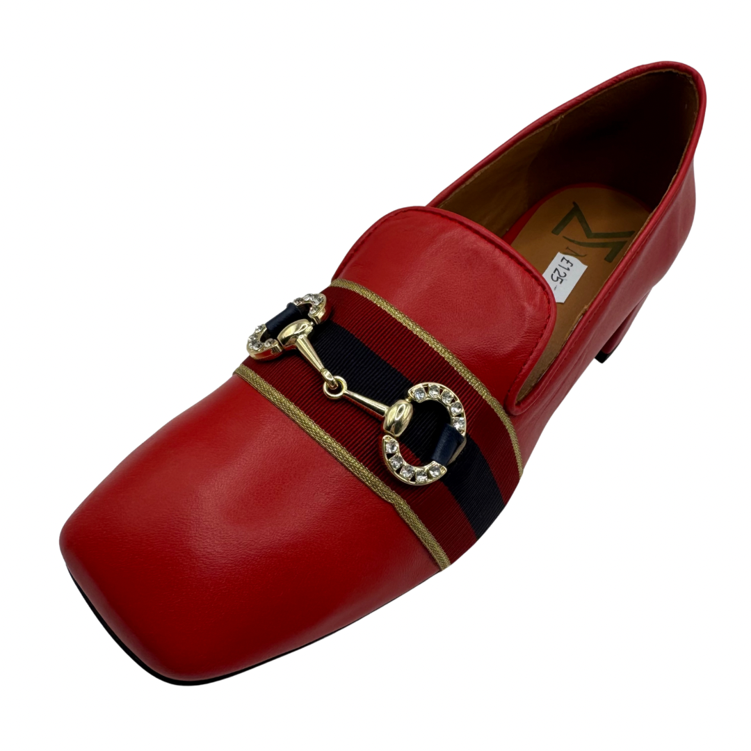 Marian Red Heeled Loafers with Chain Detail