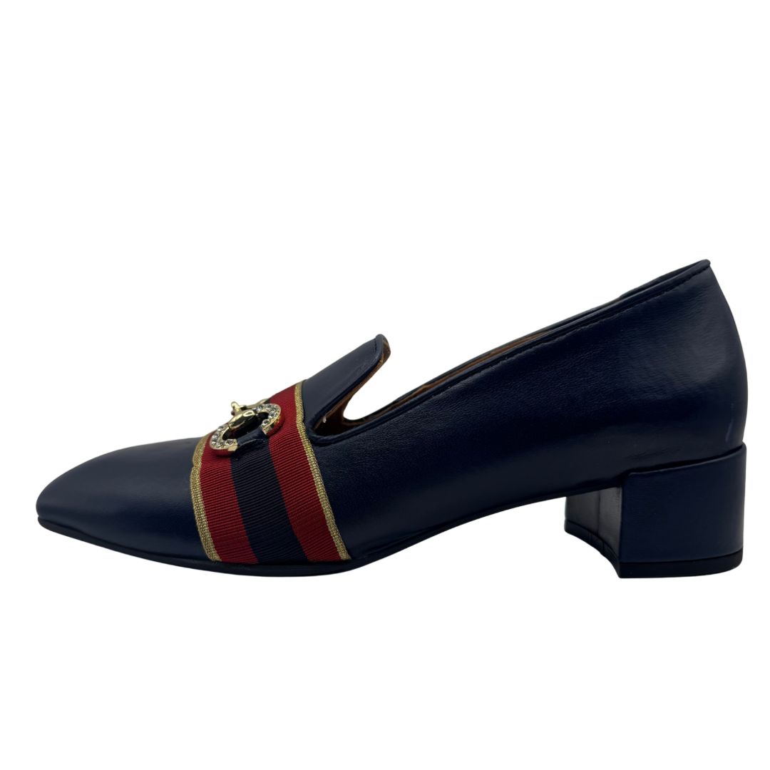 Marian Navy Heeled Loafers with Chain Detail