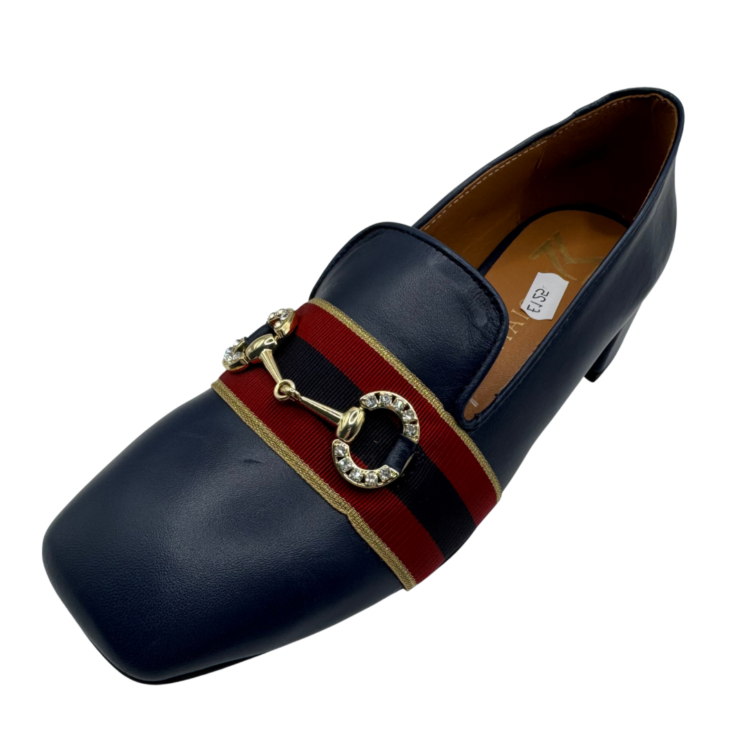 Marian Navy Heeled Loafers with Chain Detail