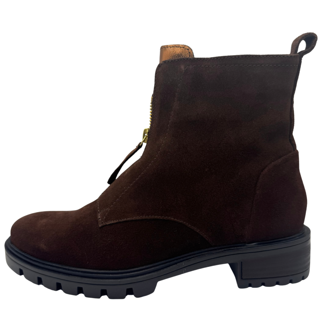Ara Brown Suede Boots with Bronze Detail &amp; Front Zip
