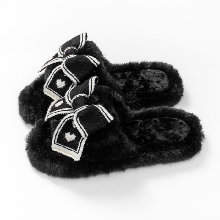 Black Fur Slippers with Bow